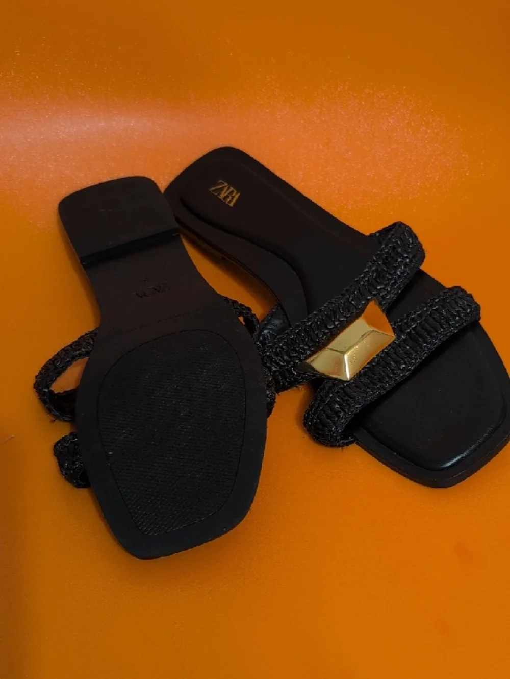 Zara Black Braided Slide Sandals with Gold Geometric Accent - Picture 4 of 7